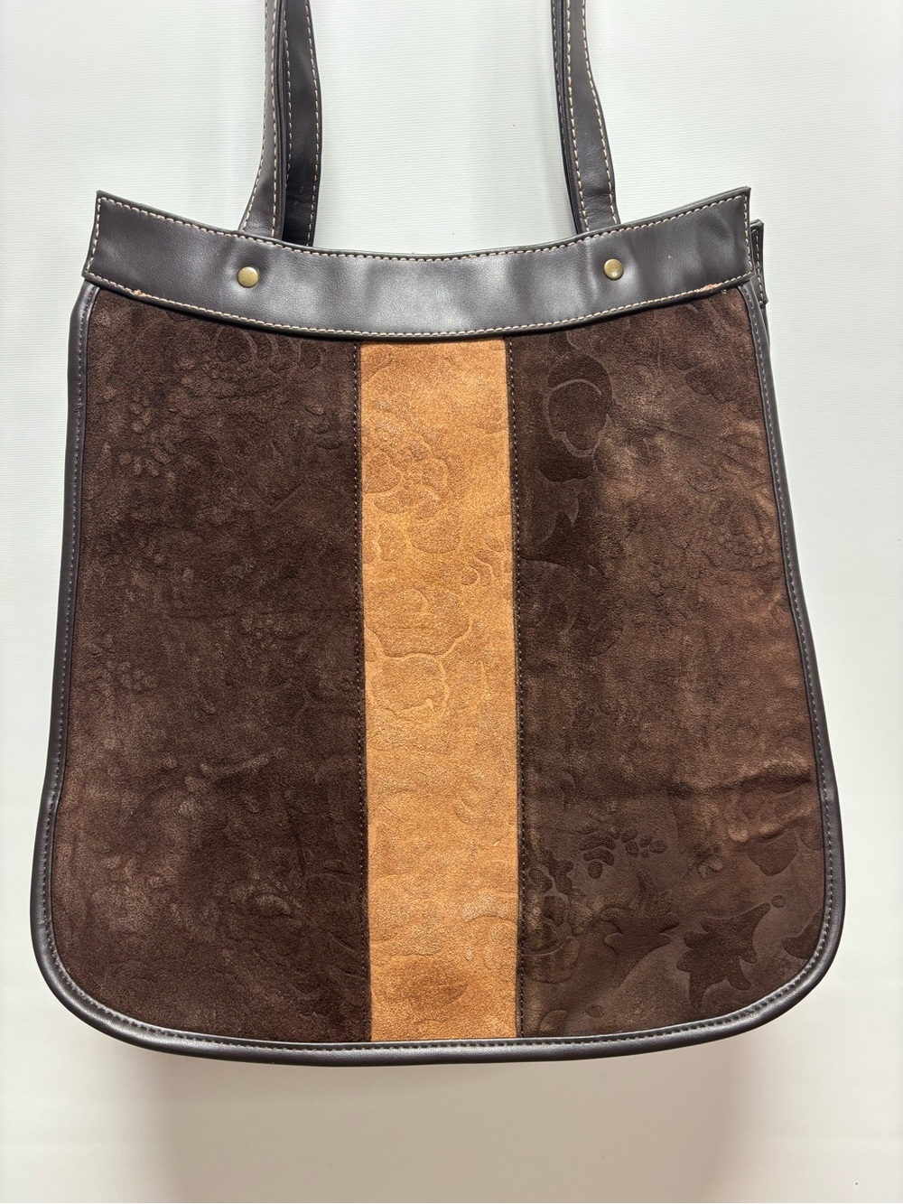 Brown Suede Tote Bag with Tan Center Panel shoulder bag